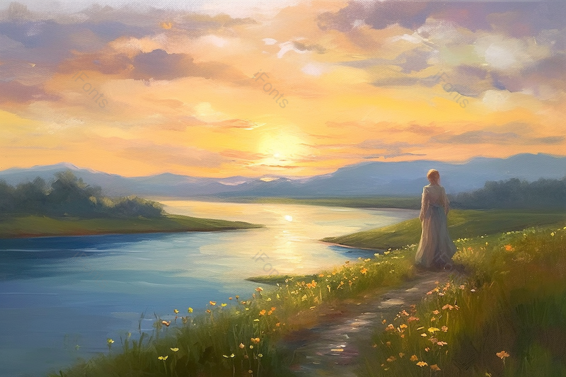 蓝色湖面风景景色手绘油画插画图,插画/手绘图,插画/手绘图库,插画/手绘图下载,插画/手绘
